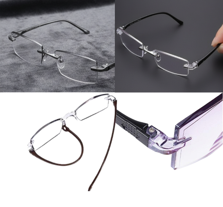 Óculos 2V Pro visto de diferentes ângulos, mostrando a armação leve e as lentes